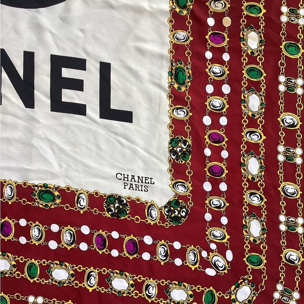 Vintage Chanel Red Gold Chain Silk Hand Rolled Large Square Scarf - Picture 4 of 6